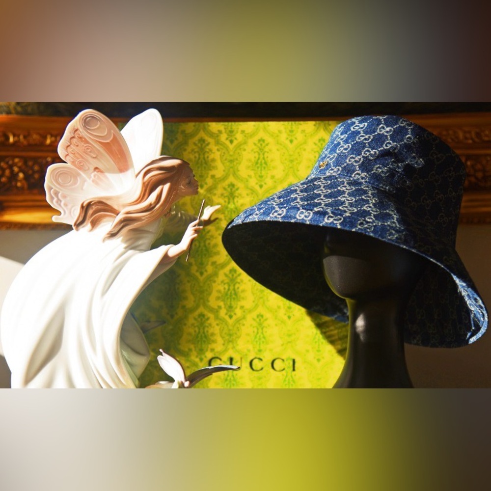 Denim Monogram Bucket Hat w Wide Large Brim Trim Jacquard Sun Coverage Navy Blue - Picture 12 of 16